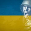 ウクライナの国旗に兵士の画像透過