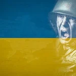 ウクライナの国旗に兵士の画像透過